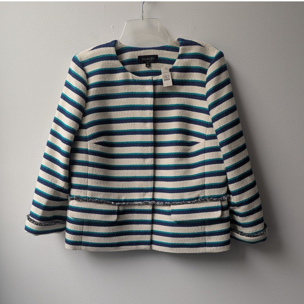 Talbots Tweed Jacket Blue Teal Striped Frayed Trim Peplum Sz 12 Preppy Nautical